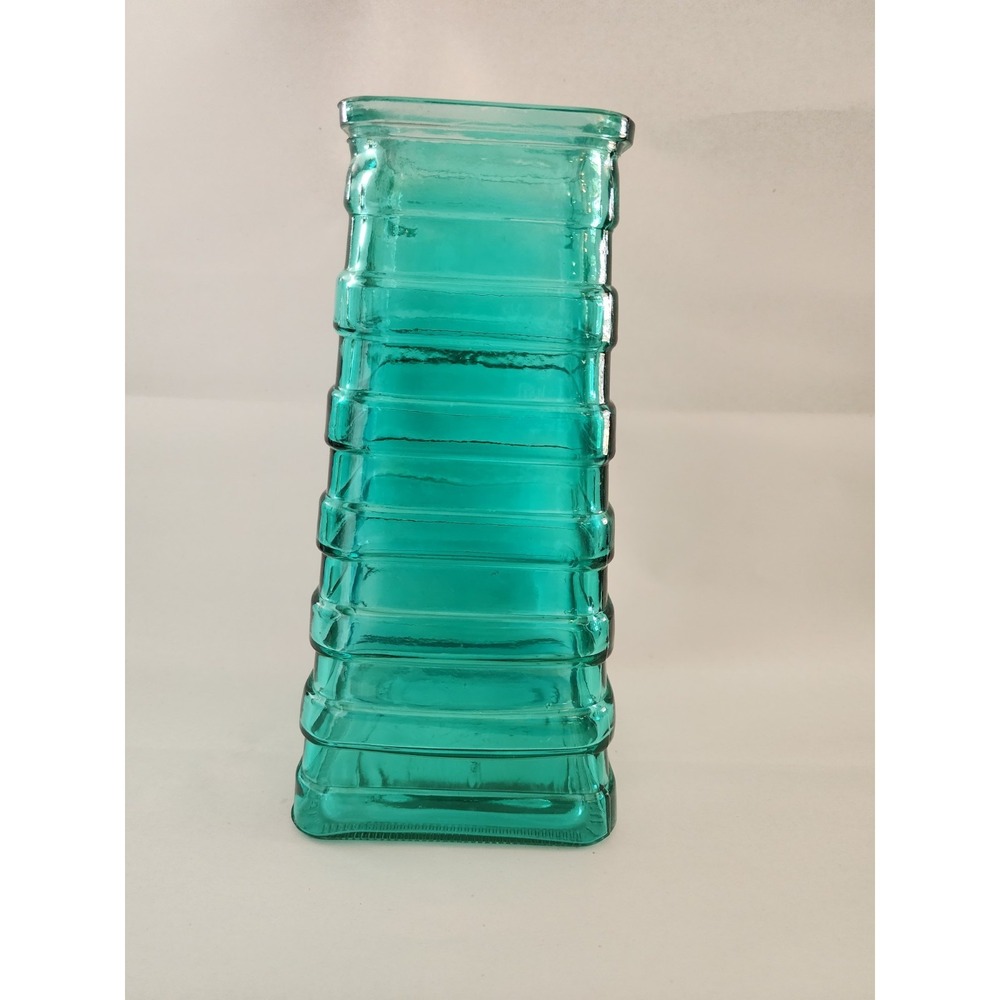 GBS Recycled Glass Vase Teal Aqua Blue Ribbed Tiered Rectangular 9 Inch